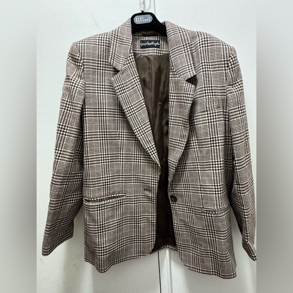 Giorgio Sant Angelo Blazer Jacket 10 100% Pure Wool Glen Plaid Chocolate Brown